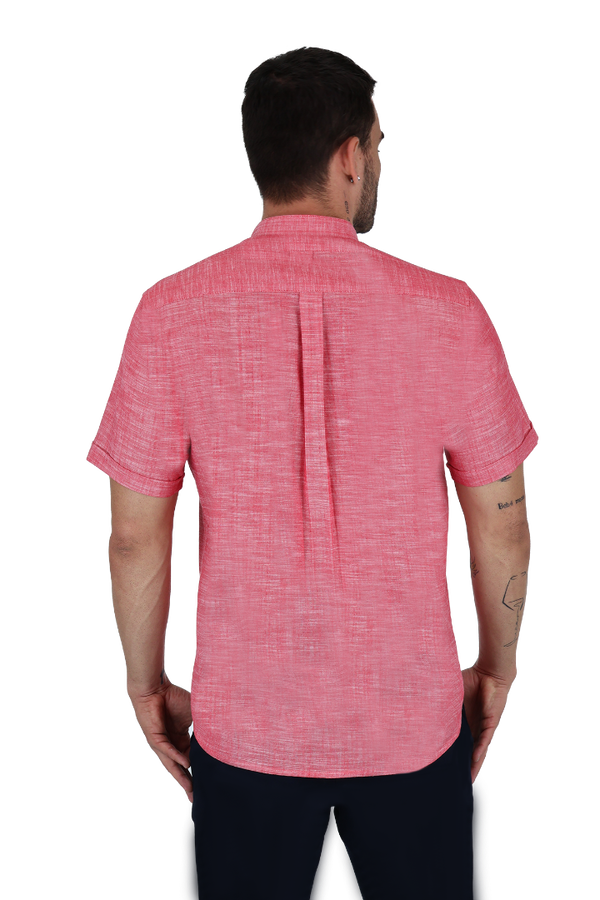 Camisa Manga Corta Color Coral Slim Fit Look De Lino Para Caballero 